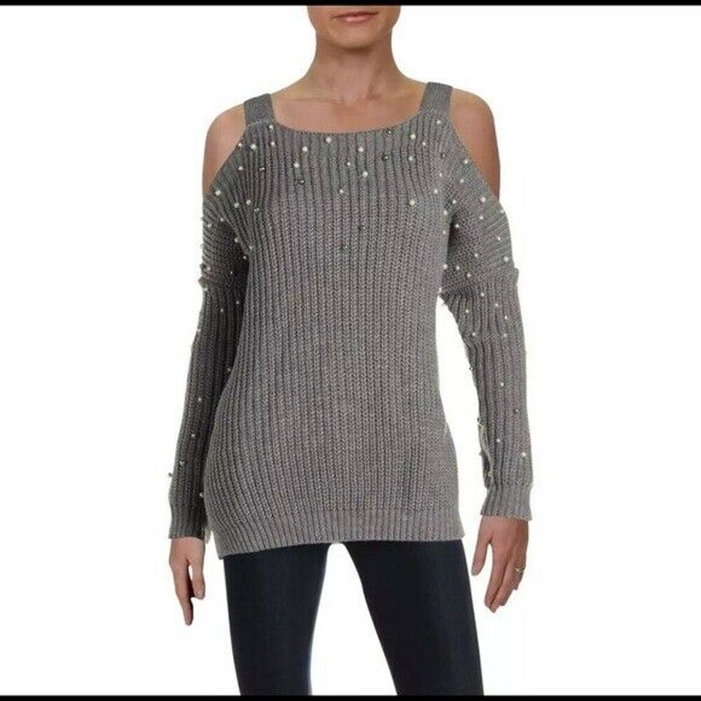 Elam‎ Gray oversized knit pearl balls cold shoulder Sweater Women’s Size S